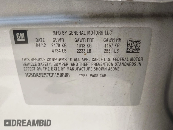 2012 Cadillac CTS with VIN 1G6DA5E57C0150808, listed as a IAAI auction lot 41783895 with 43,340 mi miles and . Bid and sale history available at DreamBid. Image 9.