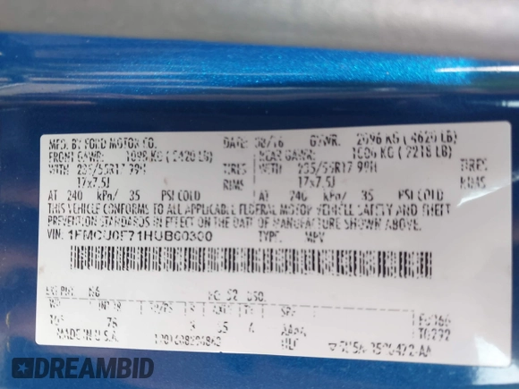 2017 Ford Escape S with VIN 1FMCU0F71HUB60300, listed as a IAAI auction lot 42690710 with 185,743 mi miles and . Bid and sale history available at DreamBid. Image 9.