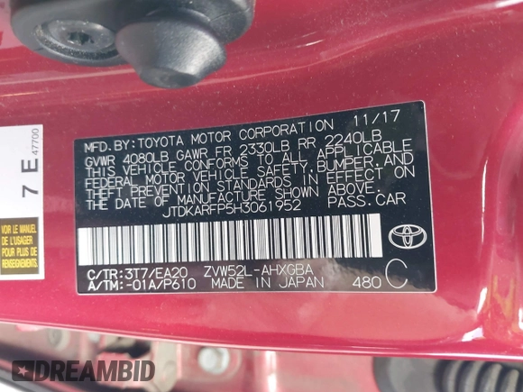 2017 Toyota Prius Plus with VIN JTDKARFP5H3061952, listed as a IAAI auction lot 42217235 with 148,343 mi miles and . Bid and sale history available at DreamBid. Image 9.