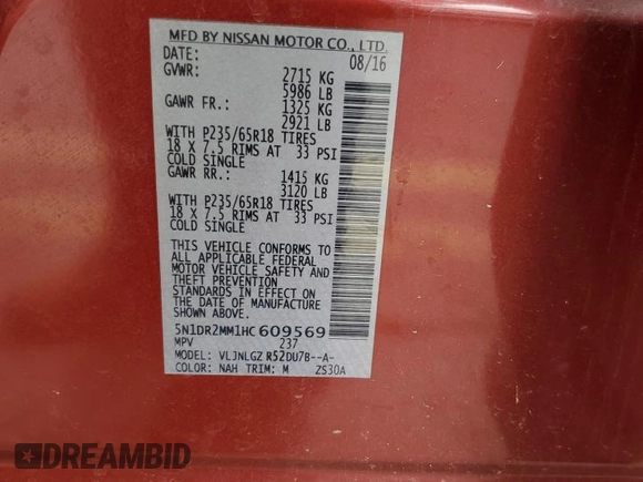 2017 Nissan Pathfinder SL with VIN 5N1DR2MM1HC609569, listed as a Copart auction lot 53081315 with 100,912 mi miles and Salvage Title. Bid and sale history available at carsss.com. Image 14.