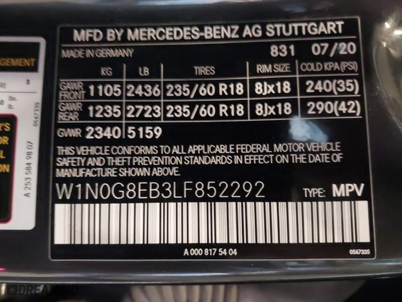 2020 Mercedes-Benz GLC with VIN W1N0G8EB3LF852292, listed as a IAAI auction lot 41712907 with 56,262 mi miles. Bid and sale history available at carsss.com. Image 9.