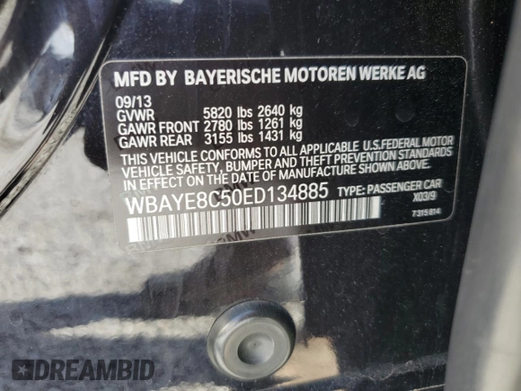 2014 BMW 7 Series ALPINA B7 with VIN WBAYE8C50ED134885, listed as a Copart auction lot 60315005 with 110,259 mi miles and Salvage title. Bid and sale history available at DreamBid. Image 13.