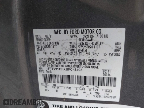 2011 Ford F-150 XL with VIN 1FTFW1CFXBFC48495, listed as a IAAI auction lot 41776246 with 277,604 mi miles. Bid and sale history available at carsss.com. Image 9.