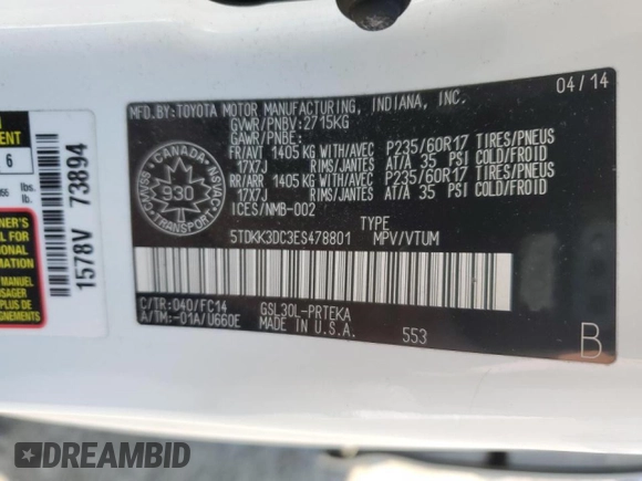 2014 Toyota Sienna LE AAS with VIN 5TDKK3DC3ES478801, listed as a Copart auction lot 56035165 with 163,271 mi miles and Non repairable. Bid and sale history available at DreamBid. Image 13.