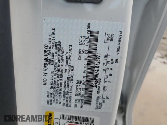 2020 Ford Fusion SE with VIN 3FA6P0H74LR128971, listed as a Copart auction lot 60815995 with Not provided miles and Salvage title. Bid and sale history available at DreamBid. Image 12.