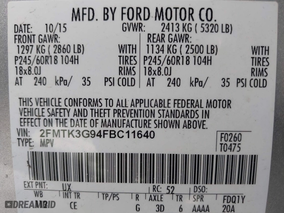 2015 Ford Edge SE with VIN 2FMTK3G94FBC11640, listed as a IAAI auction lot 41472865 with 105,871 mi miles. Bid and sale history available at carsss.com. Image 16.
