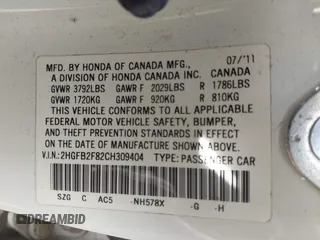 2012 Honda Civic EX with VIN 2HGFB2F82CH309404, listed as a IAAI auction lot 42080934 with 173,136 mi miles and . Bid and sale history available at DreamBid. Image 9.