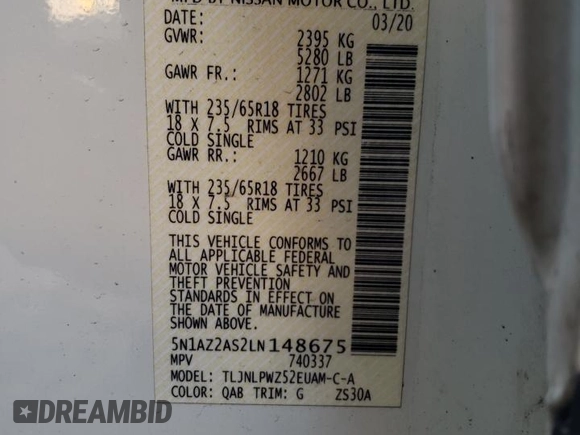 2020 Nissan Murano S with VIN 5N1AZ2AS2LN148675, listed as a Copart auction lot 43629905 with 28,555 mi miles and Salvage Title. Bid and sale history available at DreamBid. Image 13.