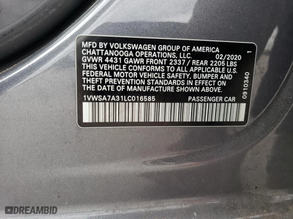 2020 Volkswagen Passat 2.0T SE with VIN 1VWSA7A31LC016585, listed as a Copart auction lot 40564023 with 89,742 mi miles. Bid and sale history available at carsss.com. Image 12.