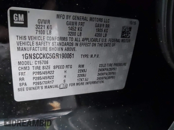2016 Chevrolet Tahoe LTZ with VIN 1GNSCCKC5GR190061, listed as a IAAI auction lot 41204718 with 174,420 mi miles and . Bid and sale history available at DreamBid. Image 9.