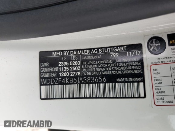 2018 Mercedes-Benz E 300 with VIN WDDZF4KB5JA383656, listed as a Copart auction lot 57108235 with 12,693 mi miles and Salvage title. Bid and sale history available at DreamBid. Image 12.