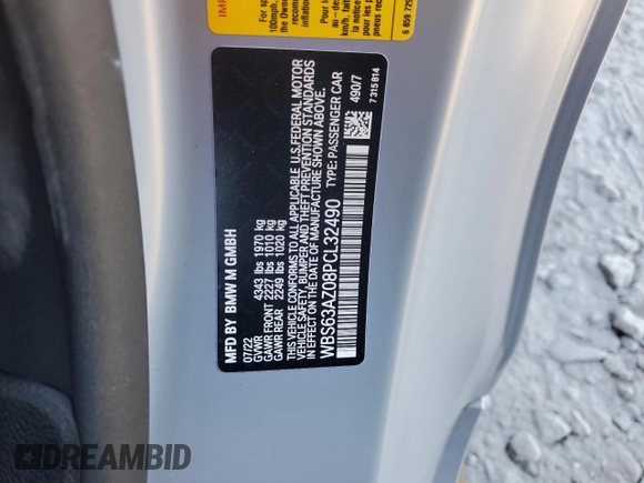 2023 BMW 4 Series z VIN WBS63AZ08PCL32490, wystawiony jako Copart lot #80233944 z przebiegiem 1 769 mil mil oraz Szkoda całkowita • Salvage title. Historia ofert i sprzedaży dostępna na DreamBid. Obrazek 13.