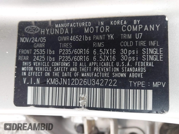 2006 Hyundai Tucson GLS with VIN KM8JN12D26U342722, listed as a IAAI auction lot 41998925 with 105,966 mi miles. Bid and sale history available at carsss.com. Image 9.