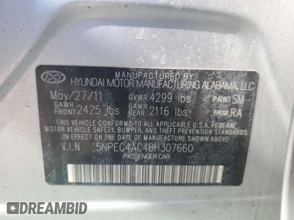 2011 Hyundai Sonata Limited with VIN 5NPEC4AC4BH307660, listed as a Copart auction lot 54587365 with 155,601 mi miles and Salvage Title. Bid and sale history available at DreamBid. Image 12.