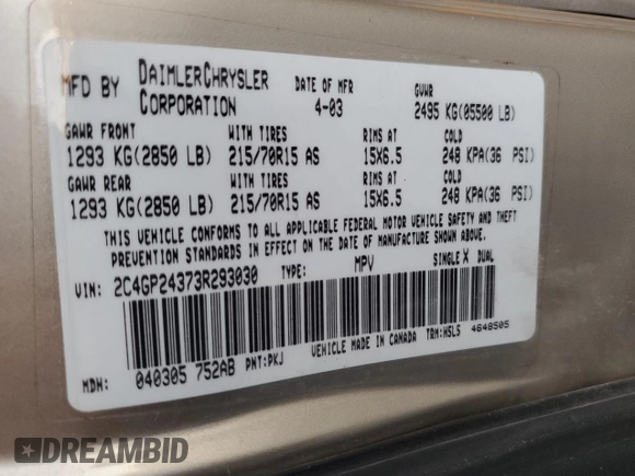 2003 Chrysler Town & Country with VIN 2C4GP24373R293030, listed as a Copart auction lot 70884954 with 156,566 mi miles and Salvage Title. Bid and sale history available at carsss.com. Image 14.