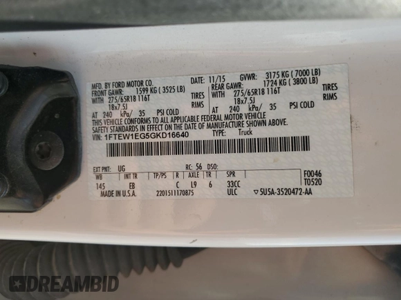 2016 Ford F-150 XLT with VIN 1FTEW1EG5GKD16640, listed as a Copart auction lot 63797025 with 183,109 mi miles and Clean title. Bid and sale history available at DreamBid. Image 12.