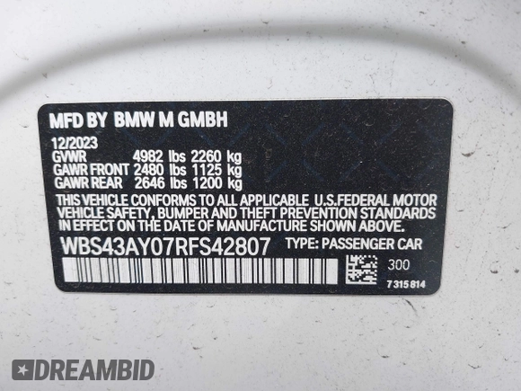 2024 BMW M3 Competition xDrive z VIN WBS43AY07RFS42807, wystawiony jako IAAI lot #41678678 z przebiegiem 3 394 mil mil oraz . Historia ofert i sprzedaży dostępna na DreamBid. Obrazek 9.