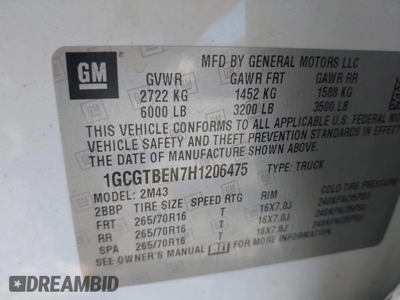 2017 Chevrolet Colorado 4WD WT with VIN 1GCGTBEN7H1206475, listed as a IAAI auction lot 41697600 with 131,064 mi miles and . Bid and sale history available at DreamBid. Image 9.
