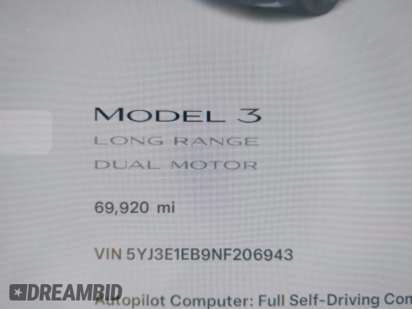 2022 Tesla Model 3 Long Range with VIN 5YJ3E1EB9NF206943, listed as a IAAI auction lot 41911040 with 69,920 mi miles and . Bid and sale history available at DreamBid. Image 15.