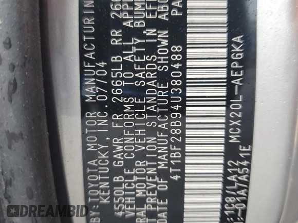 2004 Toyota Avalon XL z VIN 4T1BF28B94U380488, wystawiony jako Copart lot #57809445 z przebiegiem 103 078 mil mil oraz Szkoda całkowita • Salvage title. Historia ofert i sprzedaży dostępna na DreamBid. Obrazek 13.