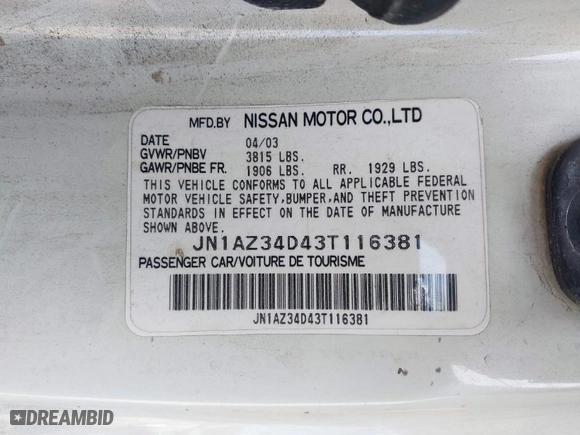 2003 Nissan 350Z Enthusiast with VIN JN1AZ34D43T116381, listed as a IAAI auction lot 41507588 with 195,944 mi miles. Bid and sale history available at carsss.com. Image 9.