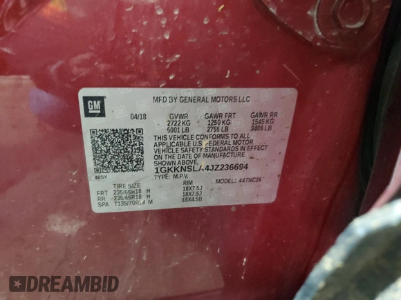 2018 GMC Acadia SLE with VIN 1GKKNSLA4JZ236694, listed as a Copart auction lot 83306324 with 93,453 mi miles and Salvage Title. Bid and sale history available at DreamBid. Image 13.