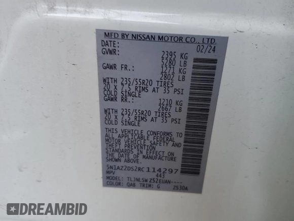 2024 Nissan Murano Platinum z VIN 5N1AZ2DS2RC114297, wystawiony jako Copart lot #53164445 z przebiegiem 8 150 mil mil oraz Szkoda całkowita • Salvage title. Historia ofert i sprzedaży dostępna na DreamBid. Obrazek 14.