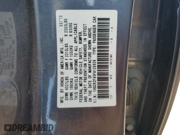 2015 Honda Accord EX-L with VIN 1HGCR2F85FA126936, listed as a Copart auction lot 57354905 with 109,879 mi miles and Salvage title. Bid and sale history available at DreamBid. Image 12.
