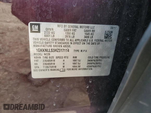 2017 GMC Acadia SLE z VIN 1GKKNLLS3HZ317114, wystawiony jako Copart lot #56943155 z przebiegiem 132 657 mil mil oraz Szkoda całkowita • Salvage title. Historia ofert i sprzedaży dostępna na DreamBid. Obrazek 12.