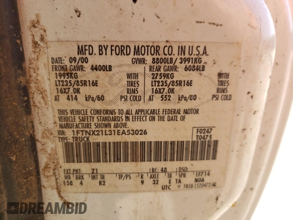 2001 Ford F-250 XL with VIN 1FTNX21L31EA53026, listed as a Copart auction lot 75316914 with 288,919 mi miles and Salvage title. Bid and sale history available at DreamBid. Image 12.