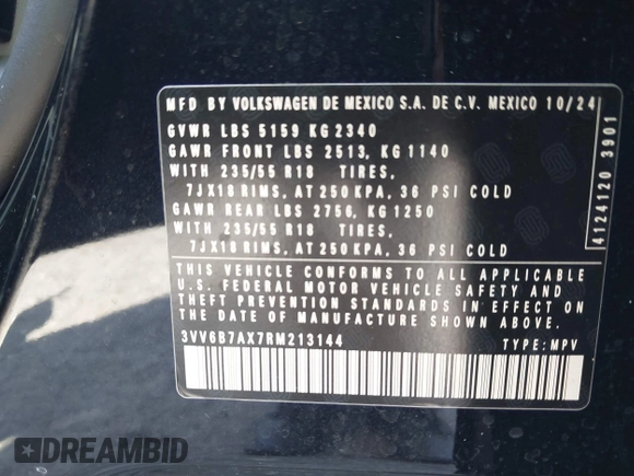 2024 Volkswagen Tiguan Wolfsburg Edition с VIN 3VV6B7AX7RM213144, выставлен на аукционе IAAI как лот 42523305 с пробегом 3 940 миль миль и . История ставок и продаж доступна на DreamBid. Изображение 9.