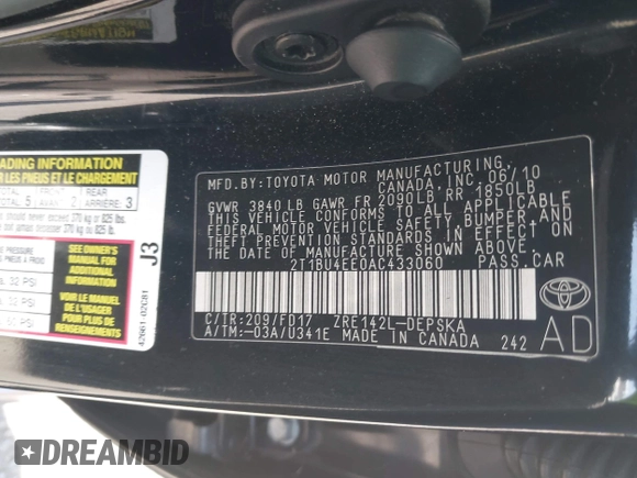 2010 Toyota Corolla with VIN 2T1BU4EE0AC433060, listed as a IAAI auction lot 42555361 with 130,317 mi miles and . Bid and sale history available at DreamBid. Image 9.