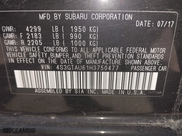2017 Subaru Impreza Limited with VIN 4S3GTAU61H3750477, listed as a IAAI auction lot 42046925 with 66,019 mi miles. Bid and sale history available at carsss.com. Image 9.