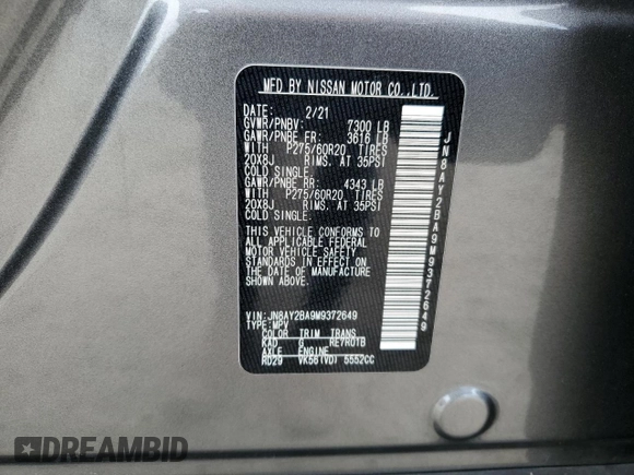 2021 Nissan Armada SL with VIN JN8AY2BA9M9372649, listed as a Copart auction lot 63675084 with 76,450 mi miles and Salvage Title. Bid and sale history available at carsss.com. Image 13.
