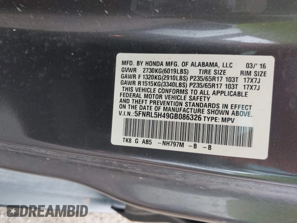 2016 Honda Odyssey EX with VIN 5FNRL5H49GB086326, listed as a IAAI auction lot 42647593 with 131,854 mi miles and . Bid and sale history available at DreamBid. Image 9.