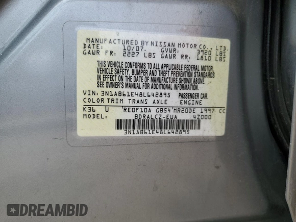 2008 Nissan Sentra 2.0 z VIN 3N1AB61E48L642895, wystawiony jako Copart lot #58392665 z przebiegiem 160 793 mil mil oraz Szkoda całkowita • Salvage title. Historia ofert i sprzedaży dostępna na DreamBid. Obrazek 12.