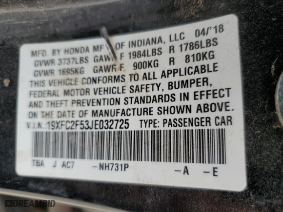 2018 Honda Civic Sedan LX with VIN 19XFC2F53JE032725, listed as a Copart auction lot 78812634 with 0 mi miles and Salvage Title. Bid and sale history available at carsss.com. Image 12.