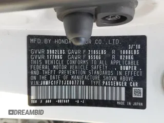 2018 Honda Civic EX-L with VIN JHMFC1F71JX007770, listed as a Copart auction lot 50681835 with 71,808 mi miles and Salvage Title. Bid and sale history available at DreamBid. Image 15.