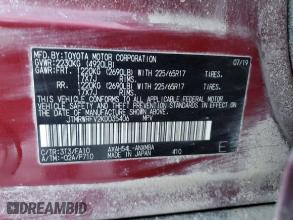 2019 Toyota RAV4 Hybrid XLE with VIN JTMRWRFV2KD035406, listed as a Copart auction lot 42767265 with 55,710 mi miles and Salvage Title. Bid and sale history available at carsss.com. Image 13.