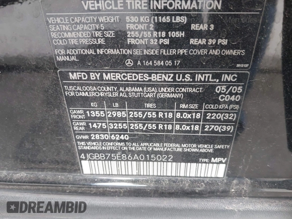 2006 Mercedes-Benz M 500 z VIN 4JGBB75E86A015022, wystawiony jako IAAI lot #41723522 z przebiegiem 187 961 mil mil oraz . Historia ofert i sprzedaży dostępna na DreamBid. Obrazek 9.