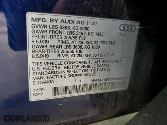 2021 Audi Q7 Premium with VIN WA1AJAF75MD020524, listed as a Copart auction lot 49584935 with 54,929 mi miles and Salvage Title. Bid and sale history available at carsss.com. Image 13.