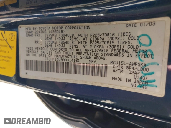 2003 Lexus RX 300 with VIN JTJHF10U930314161, listed as a IAAI auction lot 42070359 with 167,047 mi miles. Bid and sale history available at carsss.com. Image 9.