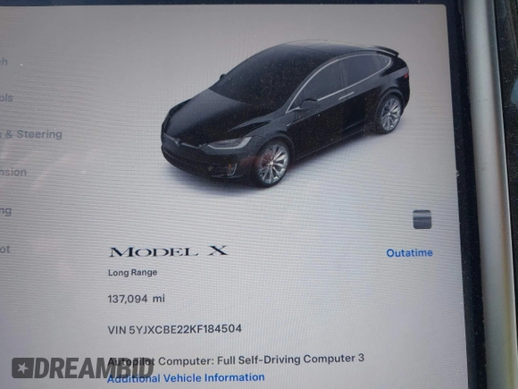 2019 Tesla Model X 75D with VIN 5YJXCBE22KF184504, listed as a IAAI auction lot 41802023 with 137,094 mi miles. Bid and sale history available at carsss.com. Image 15.