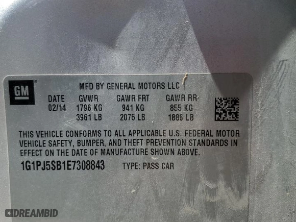 2014 Chevrolet Cruze ECO with VIN 1G1PJ5SB1E7308843, listed as a Copart auction lot 60935044 with 182,911 mi miles and Salvage Title. Bid and sale history available at carsss.com. Image 12.