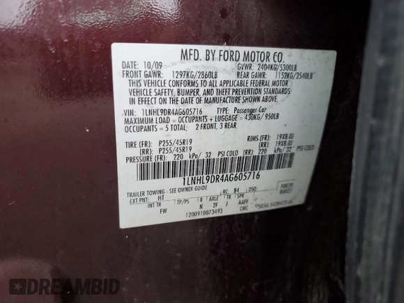 2010 Lincoln MKS with VIN 1LNHL9DR4AG605716, listed as a Copart auction lot 49903275 with 162,596 mi miles and Salvage Title. Bid and sale history available at DreamBid. Image 12.