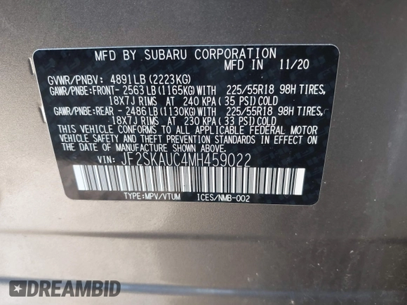 2021 Subaru Forester Limited with VIN JF2SKAUC4MH459022, listed as a IAAI auction lot 41570484 with 32,475 mi miles. Bid and sale history available at carsss.com. Image 9.