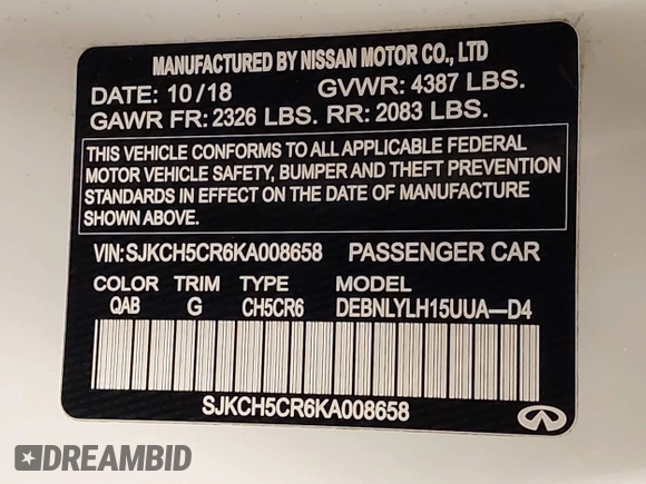 2019 Infiniti QX30 Luxe with VIN SJKCH5CR6KA008658, listed as a IAAI auction lot 41943237 with 88,704 mi miles and . Bid and sale history available at DreamBid. Image 9.