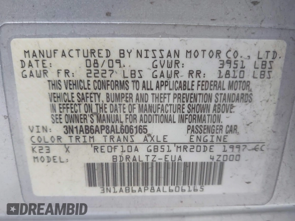 2010 Nissan Sentra SR with VIN 3N1AB6AP8AL606165, listed as a IAAI auction lot 41890328 with 132,807 mi miles and . Bid and sale history available at DreamBid. Image 9.