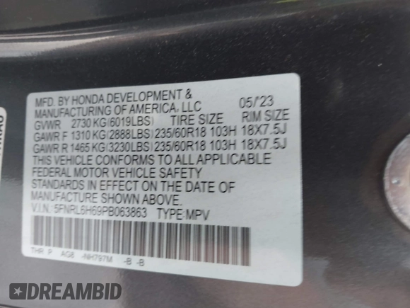 2023 Honda Odyssey EX-L with VIN 5FNRL6H69PB063863, listed as a IAAI auction lot 41647672 with 25,652 mi miles. Bid and sale history available at carsss.com. Image 9.