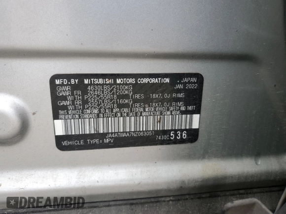 2022 Mitsubishi Eclipse Cross SE with VIN JA4ATWAA7NZ063051, listed as a Copart auction lot 57411205 with 84,937 mi miles and Salvage title. Bid and sale history available at DreamBid. Image 13.